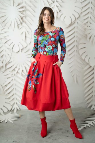 Spódnica midi bombka z zakładkami i aplikacją czerwona "EDEN red"