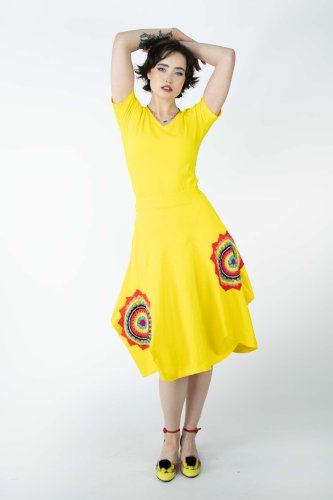 Spódnica midi origami z szydełkowymi rozetami, żółta "KGart" (krótka)