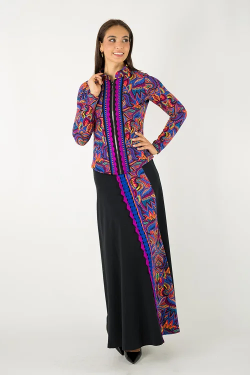 spódnica czarna długa z kolorową wstawką i szydełkową koronką  i żakiet z koronkąszydełkową ze stójką kolekcja MEXICO violet marka Vippi design (4).jpg
