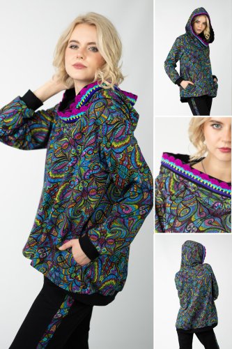 Bluza luźna z kapturem i szydełkową koronką "MIST"