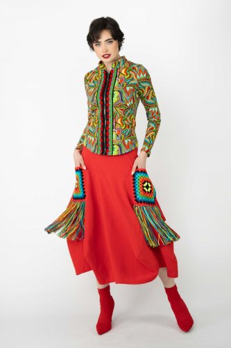 Spódnica czerwona,  origami z szydełkowymi kieszeniami i frędzlami "KGart"  