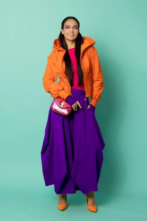 bluza gorsetowa pomarańzowa z szydełkowymi koronkami kolekcja KGart  i spódnica długa origami fioletowa kolekcja CRAZY BASIC marka VIPPI DESIGN (2).jpg