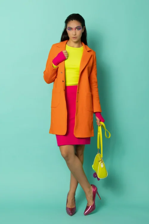płaszcz dresowy pomarańczowy, spódnica mini różowa i bluzka limonka kolekcja CRAZY BASIC marka VIPPI DESIGN (2).jpg