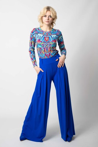 Spodnie wiskozowe chabrowe szerokie z zakładkami "BASIC" 