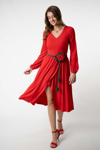 Sukienka czerwona, wiskozowa midi z rozporkiem "BASIC"