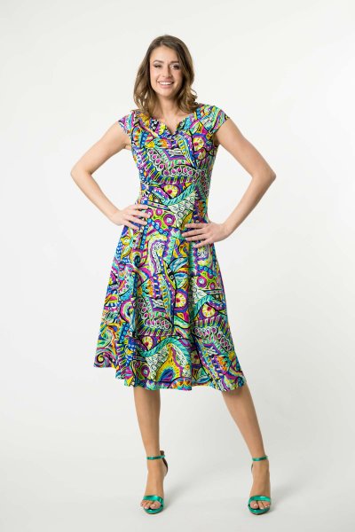 Sukienka midi rozkloszowana z pęknięciem na dekolcie krótki rękaw "SALVADOR" 