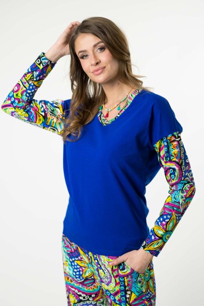 Bluzka trapezowa chabrowa, dekolt  V "SALVADOR" 