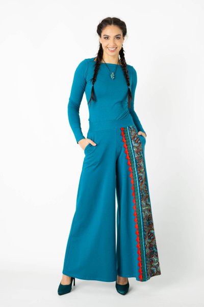 Spodnie dzwony petrolowe z szydełkową koronką  "INDI" blue 