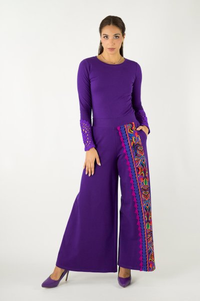 Spodnie dzwony z szydełkową koronką fioletowe "MEXICO" violet 