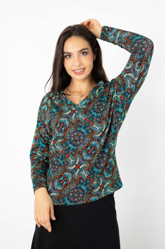 Bluzka trapezowa kolorowa, dekolt  V "INDI" blue 