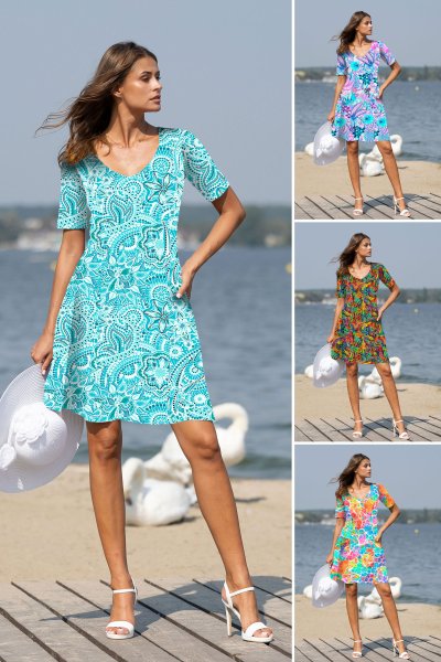 Sukienka mini rozkloszowana krótki rękaw -  WZÓR DO WYBORU