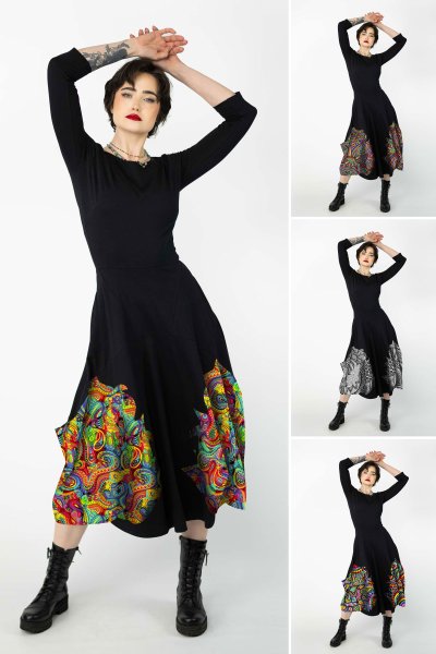 Sukienka midi origami czarna z aplikacjami - WZÓR DO WYBORU