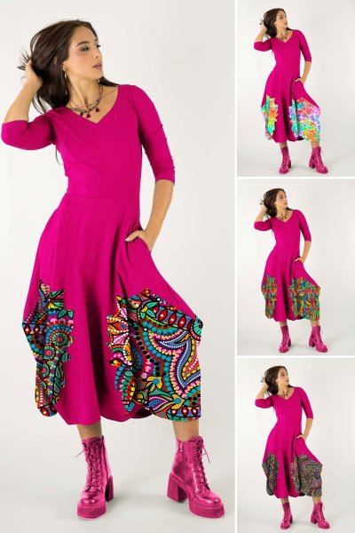 Sukienka midi origami różowa z aplikacjami - WZÓR DO WYBORU 