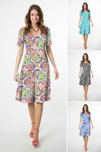 Sukienka midi rozkloszowana V krótki rękaw - WZÓR DO WYBORU