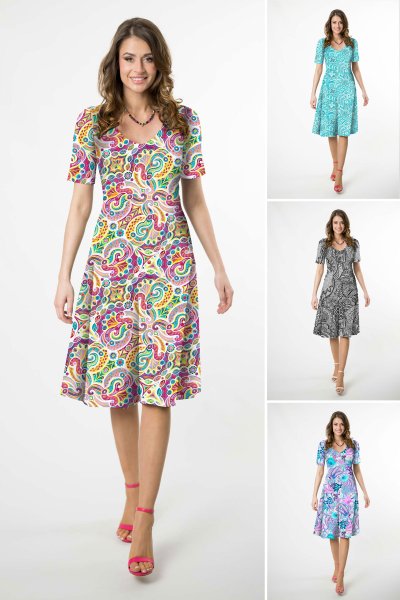 Sukienka midi rozkloszowana V krótki rękaw - WZÓR DO WYBORU