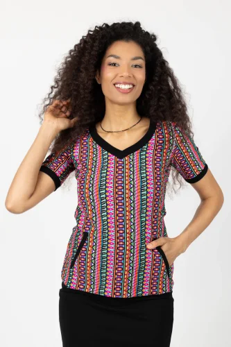 Bluzka sportowa V, krótki rękaw "CONFETTI" paski