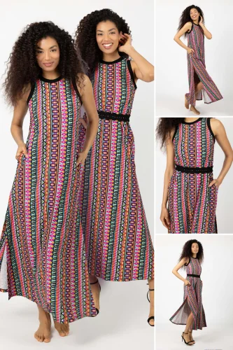 Sukienka długa z szydełkowym paskiem "CONFETTI" paski