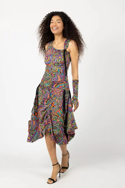 Sukienka midi origami z asymetryczną górą "CONFETTI" paski