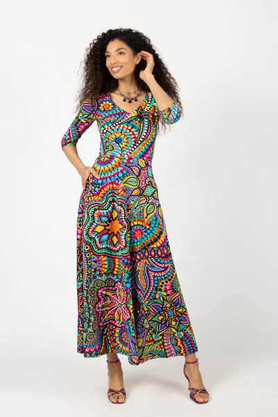 Sukienka długa dekolt V "CONFETTI" duży wzór