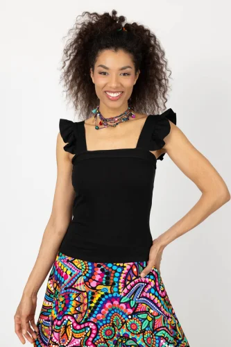 Top czarny na szerokie ramiączka z falbankami  "BASIC"