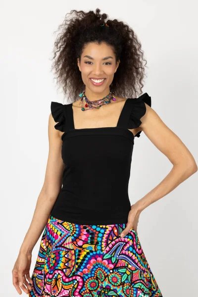 Top czarny na szerokie ramiączka z falbankami  "BASIC"