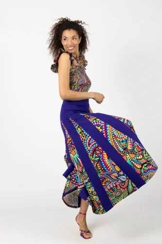 Spódnica długa z klinów fioletowa "CONFETTI" duży wzór 