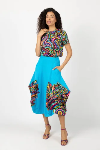 Spódnica midi origami z aplikacjami niebieska "CONFETTI" duży wzór