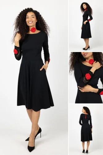 Sukienka midi z szydełkowymi mankietami i chokerem "KGart" 